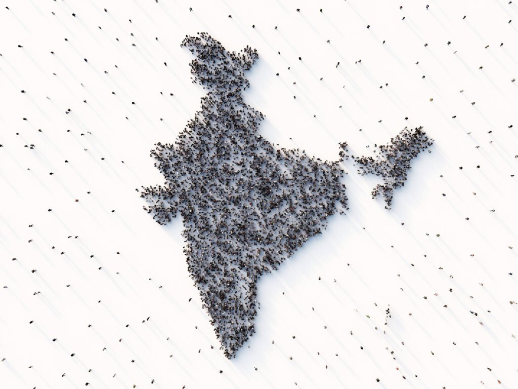 Crowd of people making shape of India. Aerial view.